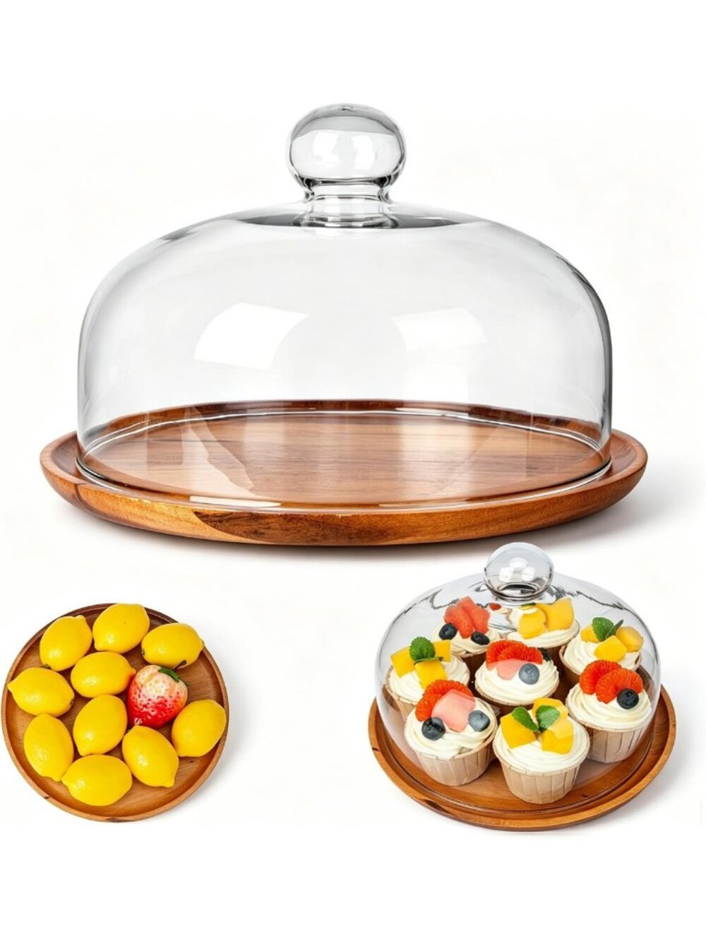 10-Inch Wooden Cake Stand with Clear Glass Dome for Desserts, Cheese & Plants